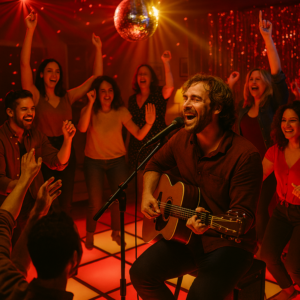Muzikant speelt live tijdens een huiskamerfeest